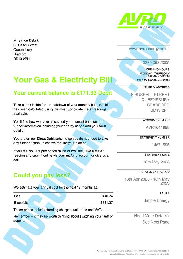 Avro Energy Utility Bill UK